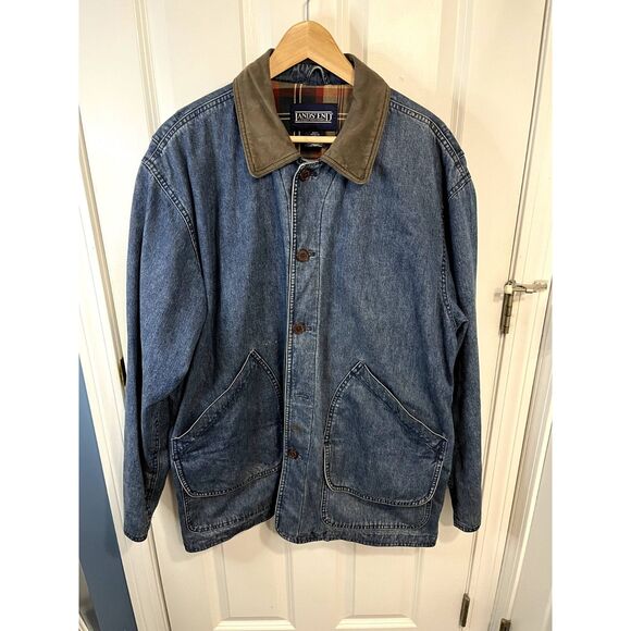 Lands' End Other - Vintage Land's End Denim Chore Jacket Plaid Lined with Leather Collar Size Large